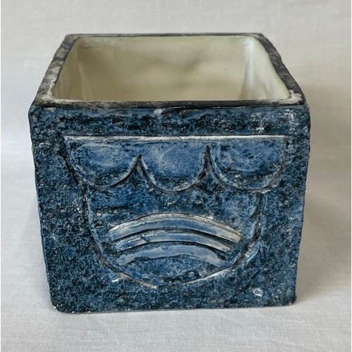 439 - A Troika cuboid vase/planter with geometric designs to each side in muted blue and beige. Signed 'Tr... 