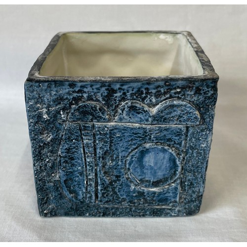 439 - A Troika cuboid vase/planter with geometric designs to each side in muted blue and beige. Signed 'Tr... 