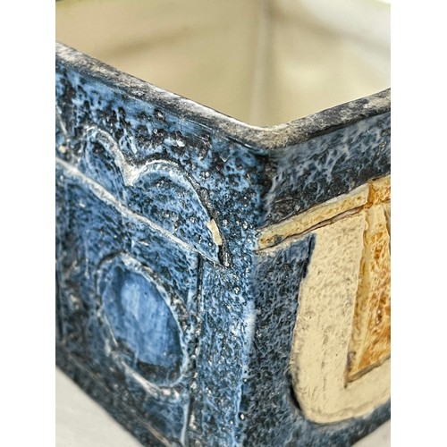 439 - A Troika cuboid vase/planter with geometric designs to each side in muted blue and beige. Signed 'Tr... 