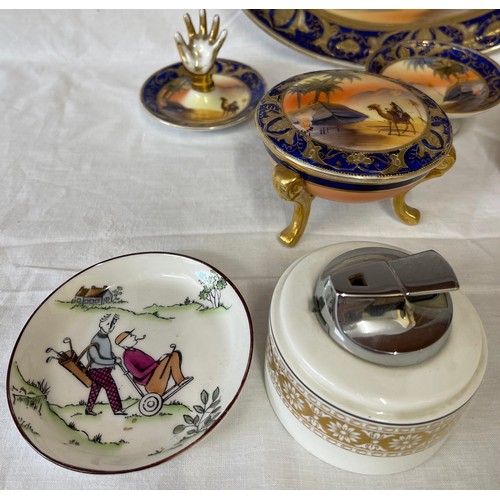 440 - A mixed lot to include a Noritake Egypt scene dressing table set, tray 29cms l, hand ring dish, trin... 