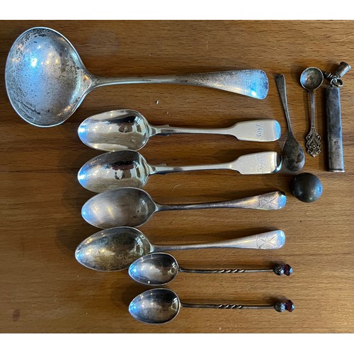 901 - A quantity of hallmarked silver spoons to include ladle, teaspoons, mustard spoon, pencil holder, li... 