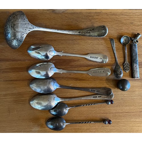 901 - A quantity of hallmarked silver spoons to include ladle, teaspoons, mustard spoon, pencil holder, li... 