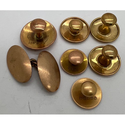 588 - Six gold collar studs including one 15ct and a 9ct gold cufflink. 9gm total.