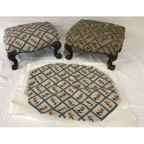 116 - A pair of 19thC mahogany footstools. One with newly embroidered upholstery, the other with older uph... 