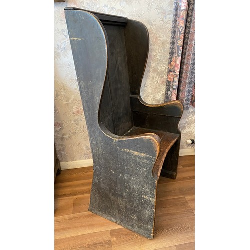 120 - An 18thC pine lambing chair with original finish. 62 w x 47 d x 122cm h.