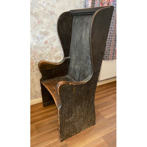 120 - An 18thC pine lambing chair with original finish. 62 w x 47 d x 122cm h.