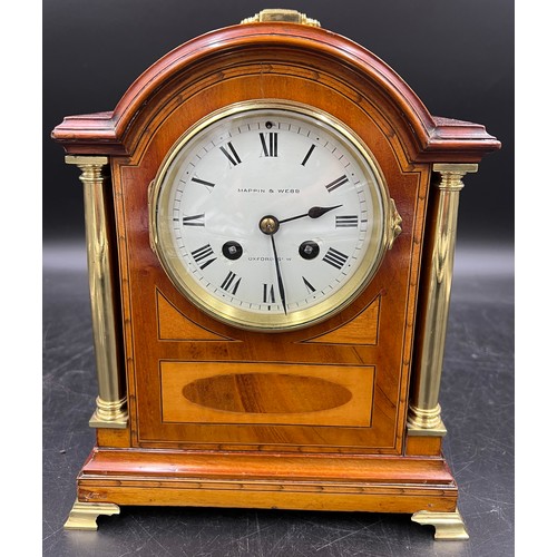 1037 - Two train mahogany inlaid French mantle clock. Retailed by Mappin and Webb, Oxford Street. 26cm h. B... 