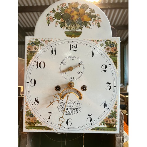 1038 - An 8 day oak longcase clock with painted dial by Charles Vessey of Ramsey. 210 h x 48cm w at base.