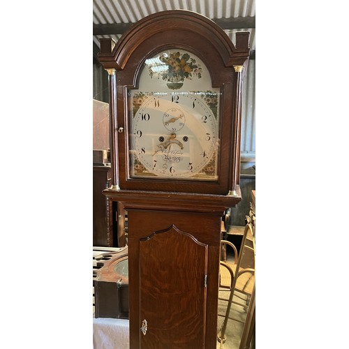 1038 - An 8 day oak longcase clock with painted dial by Charles Vessey of Ramsey. 210 h x 48cm w at base.