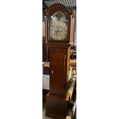 1038 - An 8 day oak longcase clock with painted dial by Charles Vessey of Ramsey. 210 h x 48cm w at base.