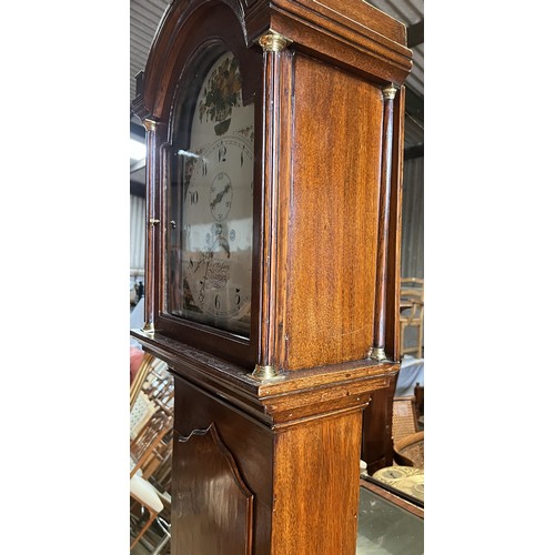 1038 - An 8 day oak longcase clock with painted dial by Charles Vessey of Ramsey. 210 h x 48cm w at base.