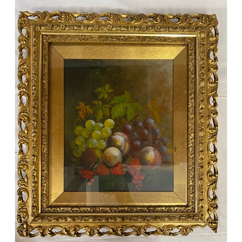 1308 - Oil on canvas. Still life of fruit, signed lower left T. Sayer 1893 in gilt frame. 29 x 24cm.