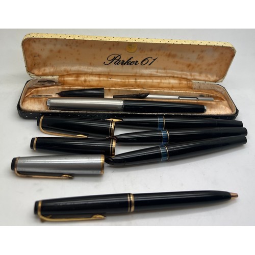 1087 - Vintage pens to include 3 x Mont Blanc fountain pens, one Mont Blanc ball point and boxed Parker 61.