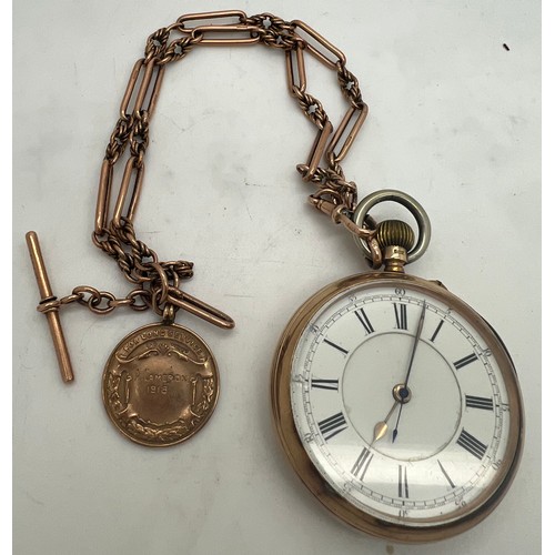 920 - A 9ct gold cased pocket watch and chain with 9ct medal to A. Cameron for Long Service London Midland... 