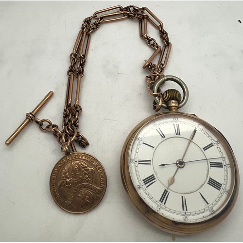 920 - A 9ct gold cased pocket watch and chain with 9ct medal to A. Cameron for Long Service London Midland... 