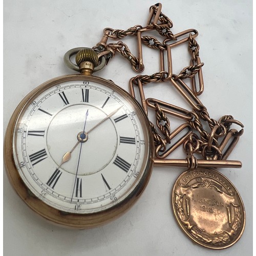 920 - A 9ct gold cased pocket watch and chain with 9ct medal to A. Cameron for Long Service London Midland... 