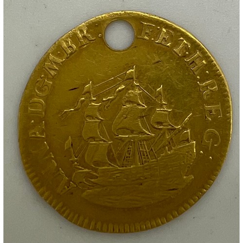 582 - A Queen Anne Touch Piece Gold Coin. Obverse showing Saint Michael defeating Satan and ship to revers... 