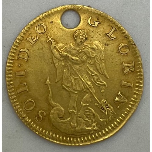 582 - A Queen Anne Touch Piece Gold Coin. Obverse showing Saint Michael defeating Satan and ship to revers... 