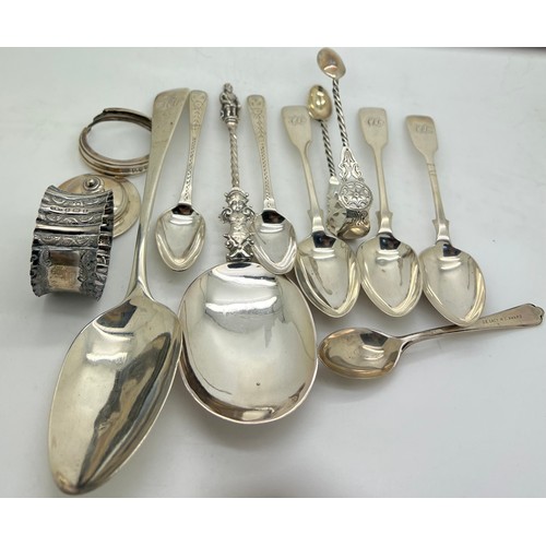 906 - Mainly hallmarked silver to include Georgian teaspoons, tablespoon, Victorian tongs, napkin ring, ha... 