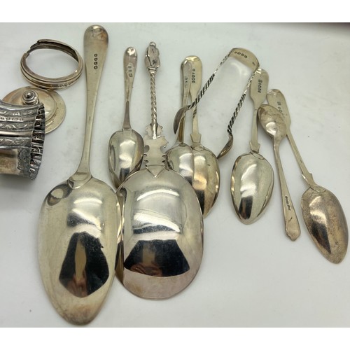 906 - Mainly hallmarked silver to include Georgian teaspoons, tablespoon, Victorian tongs, napkin ring, ha... 