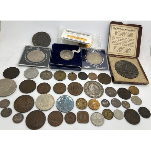 663 - British continental and world coins and medals to include Lusitania medal, Napoleon III 1855 six cen... 