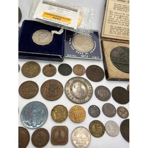 663 - British continental and world coins and medals to include Lusitania medal, Napoleon III 1855 six cen... 