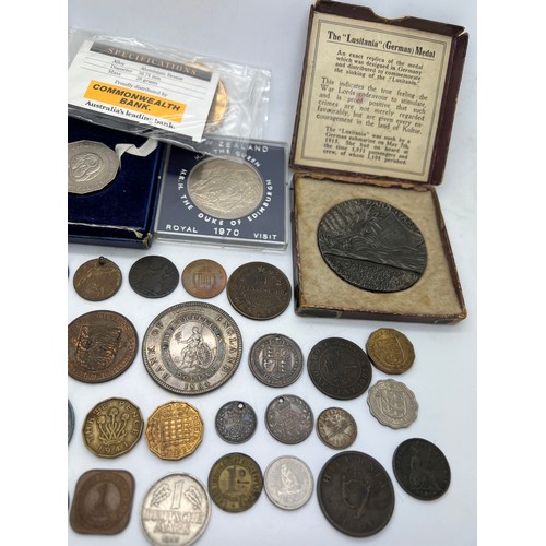 663 - British continental and world coins and medals to include Lusitania medal, Napoleon III 1855 six cen... 