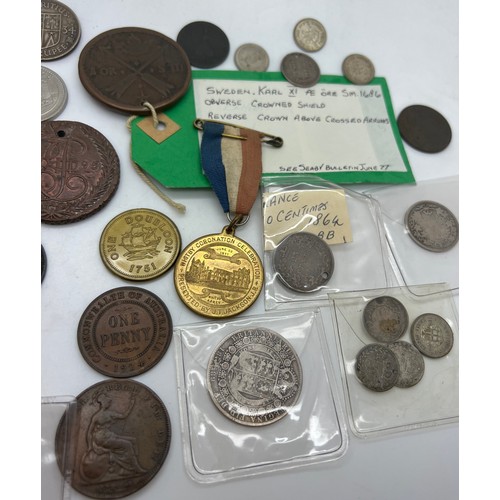 670 - British continental and world coins to include Sweden Karl XI 1686, Marie Therese Thaler 1780, Whitb... 