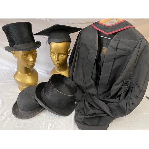 728 - Costume to include 2 top hats, one by G A Dunn & Co, a bowler hat by Locke & Co, together with a mor... 