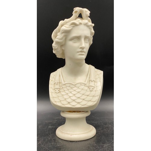 366 - A male Parian bust with snakes to hair and decorative uniform. 23cm h.