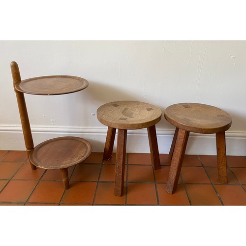 123 - Pair of round topped oak stools 38cm h x 33cm d together with a 2 tier stand with trays.