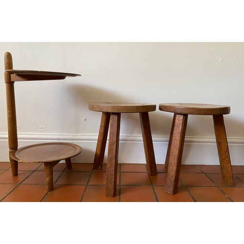 123 - Pair of round topped oak stools 38cm h x 33cm d together with a 2 tier stand with trays.