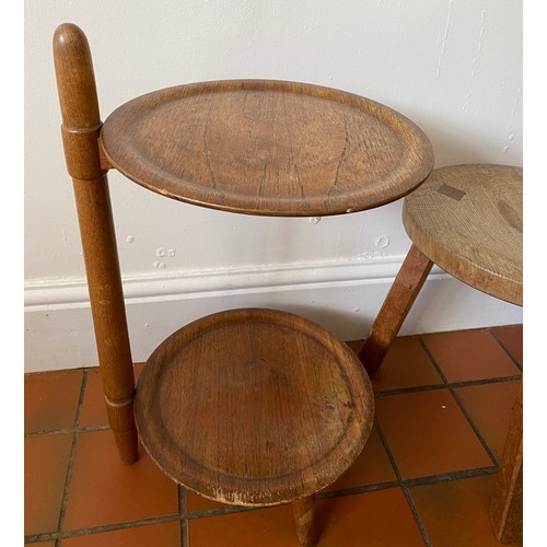 123 - Pair of round topped oak stools 38cm h x 33cm d together with a 2 tier stand with trays.