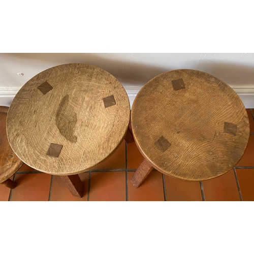 123 - Pair of round topped oak stools 38cm h x 33cm d together with a 2 tier stand with trays.