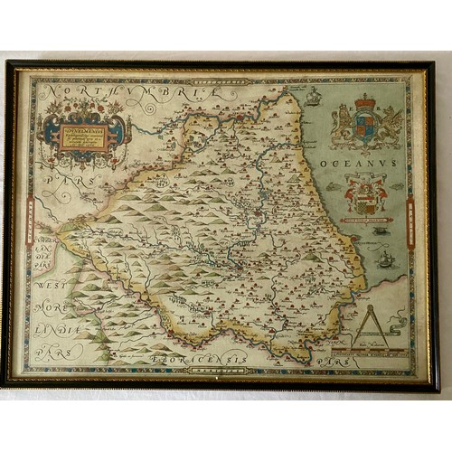 1273 - A probable copy of 16thC Christopher Saxton engraved map, hand coloured Durham 'Dvnelmensis Episcopa... 