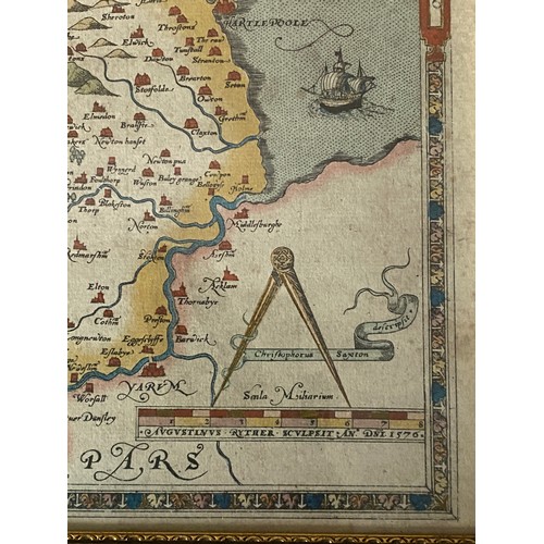 1273 - A probable copy of 16thC Christopher Saxton engraved map, hand coloured Durham 'Dvnelmensis Episcopa... 