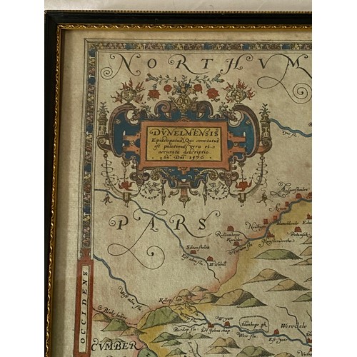 1273 - A probable copy of 16thC Christopher Saxton engraved map, hand coloured Durham 'Dvnelmensis Episcopa... 