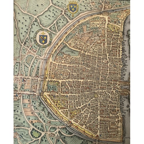 1277 - A late 16thC/early 17thC map of Paris. Framed and glazed. 39 x 55cm.