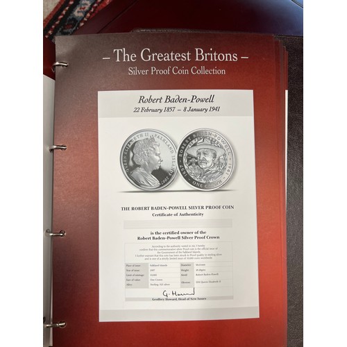 677 - Silver Proof coin collection - The Greatest Britons and other Silver Proof coins in a wooden case, w... 