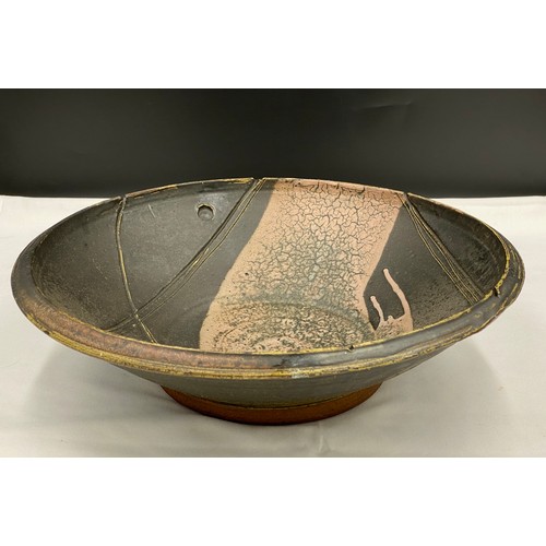 375 - Charles Bound (b.1939) Large wood fired bowl of abstract design with impressed potters seal to base.... 