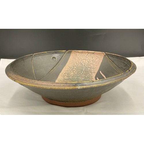 375 - Charles Bound (b.1939) Large wood fired bowl of abstract design with impressed potters seal to base.... 