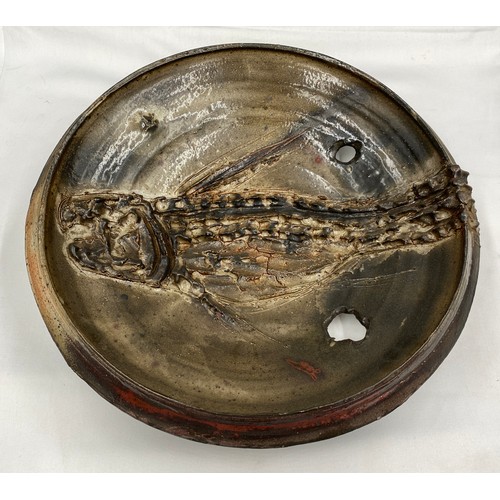 376 - Charles Bound (b.1939) Large wood fired bowl of abstract design with holes and fish design with impr... 