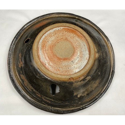 376 - Charles Bound (b.1939) Large wood fired bowl of abstract design with holes and fish design with impr... 