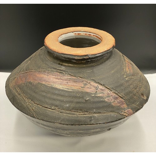 377 - Charles Bound (b.1939) A very large wood fired lidded bowl of abstract design with impressed potters... 