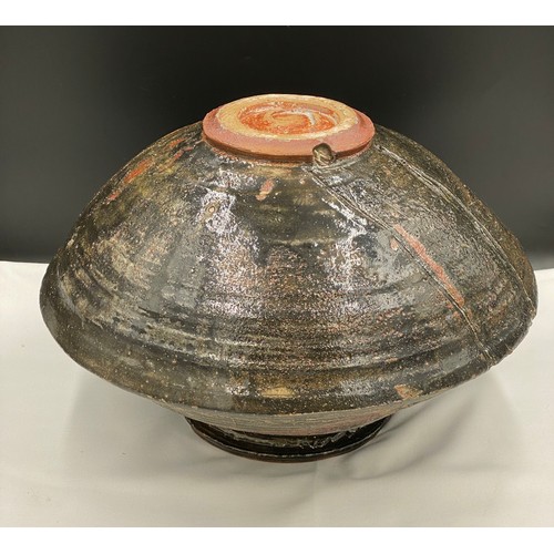 377 - Charles Bound (b.1939) A very large wood fired lidded bowl of abstract design with impressed potters... 