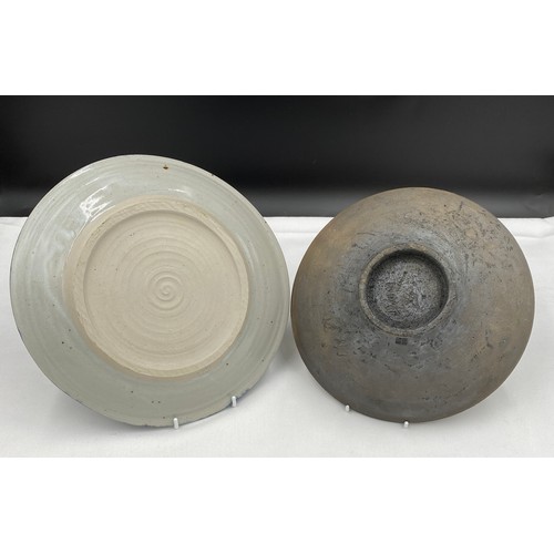 378 - Studio pottery - Rudie Delanghe shallow bowl, with  crackle glaze, incised signature and makers mark... 