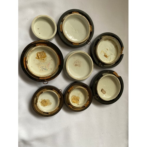 381 - Eight prattware pot lids to include scenes 'The 2nd Appeal' C1860, High Life, Pompey & Caesar, Ice S... 