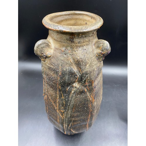 382 - Studio pottery to include large salt glazed 3 handled vase 84cm h, indistinct mark to base together ... 