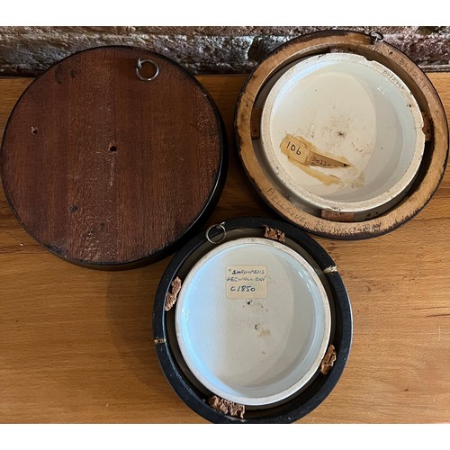 386 - Three 19thC pot lids to include Pegwell Bay framed in ebonised framed.