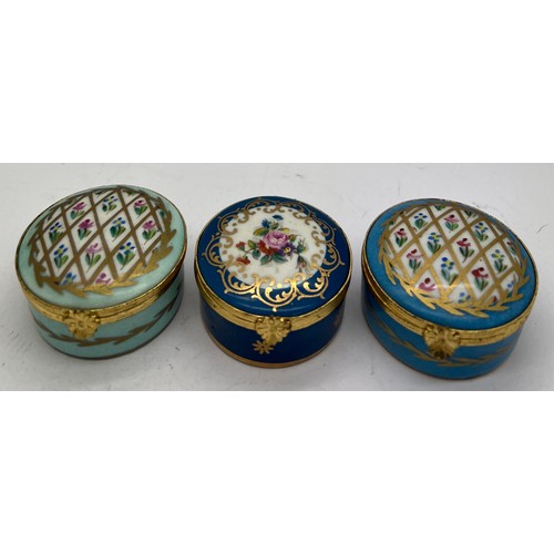 388 - Three Limoges porcelain boxes with gilt mounts. 5cm d.